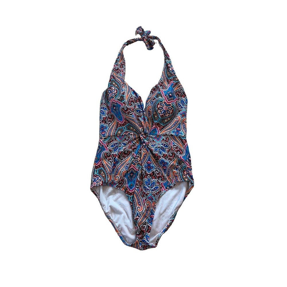 Jantzen One Piece Swimsuit Size 12 Paisley Halter Plunge Floral Beachwear NEW